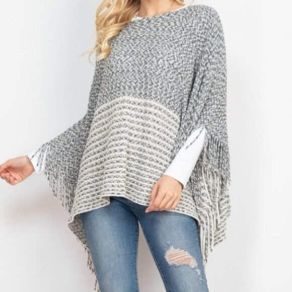 BOHO KNITTED TWO TONE STRIPED FRINGE PONCHO - Picture 5 of 6